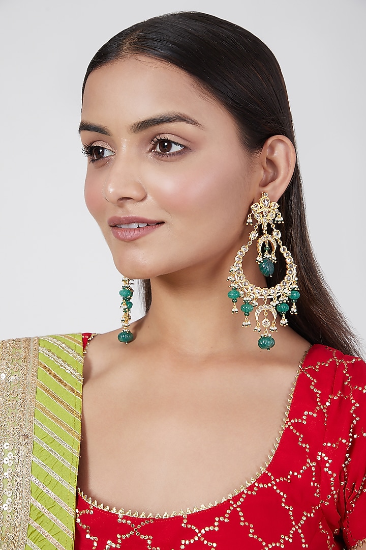 Gold Plated Green Onyx And Kundan Chandbali Earrings by Kiara