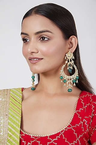 Gold Plated Green Onyx And Kundan Chandbali Earrings by Kiara