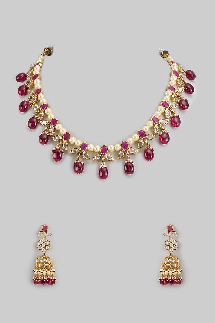 Gold Plated Kundan Polki & Pearl Choker Necklace Set by Kiara at Pernia's Pop Up Shop