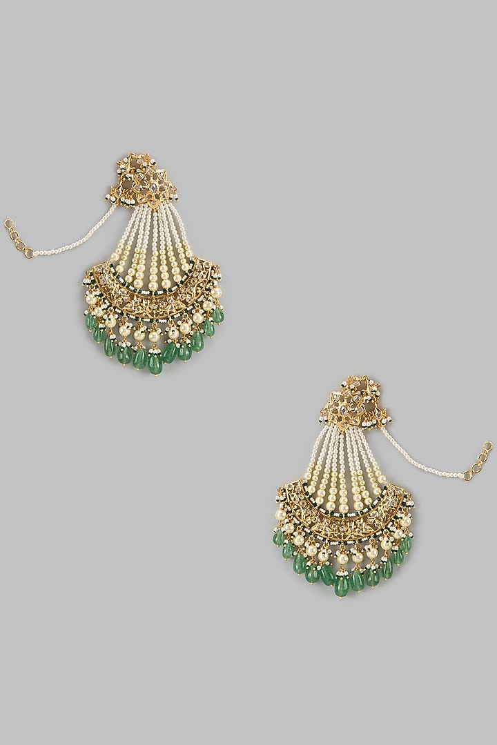 Gold Plated Kundan Polki & Pearl Chandbaali Earrings by Kiara at Pernia's Pop Up Shop