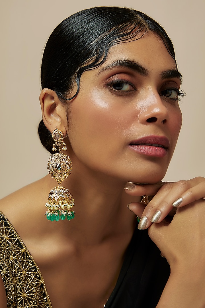 Gold Plated Kundan Polki & Pearl Jhumka Earrings by Kiara