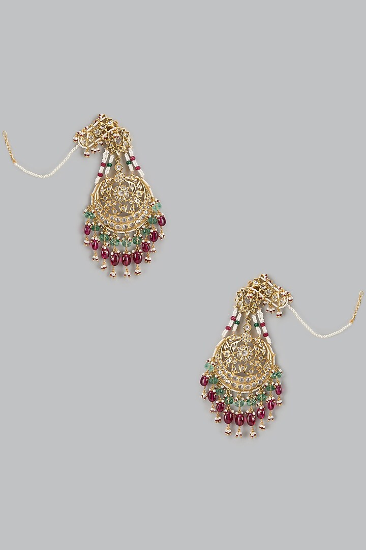 Gold Plated Kundan Polki & Multi-Colored Stone Chandbaali Earrings by Kiara at Pernia's Pop Up Shop