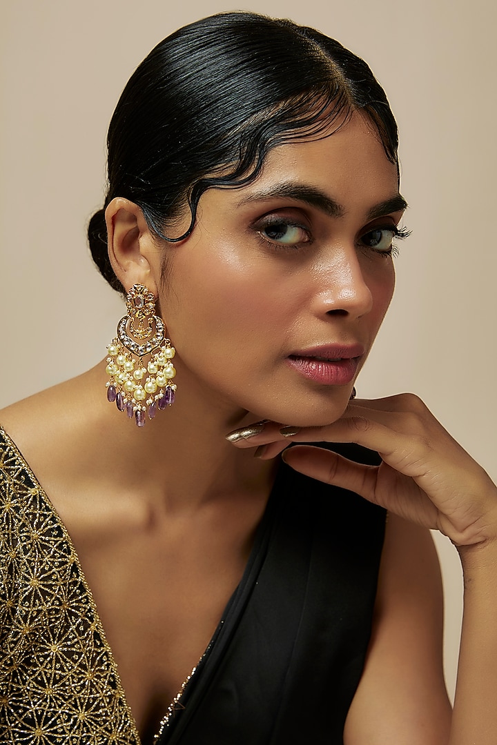 Gold Plated Kundan Polki & Pearl Chandbaali Earrings by Kiara