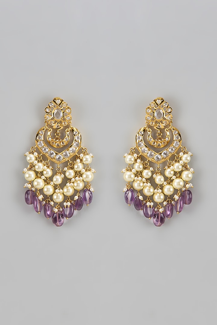 Gold Plated Kundan Polki & Pearl Chandbaali Earrings by Kiara at Pernia's Pop Up Shop
