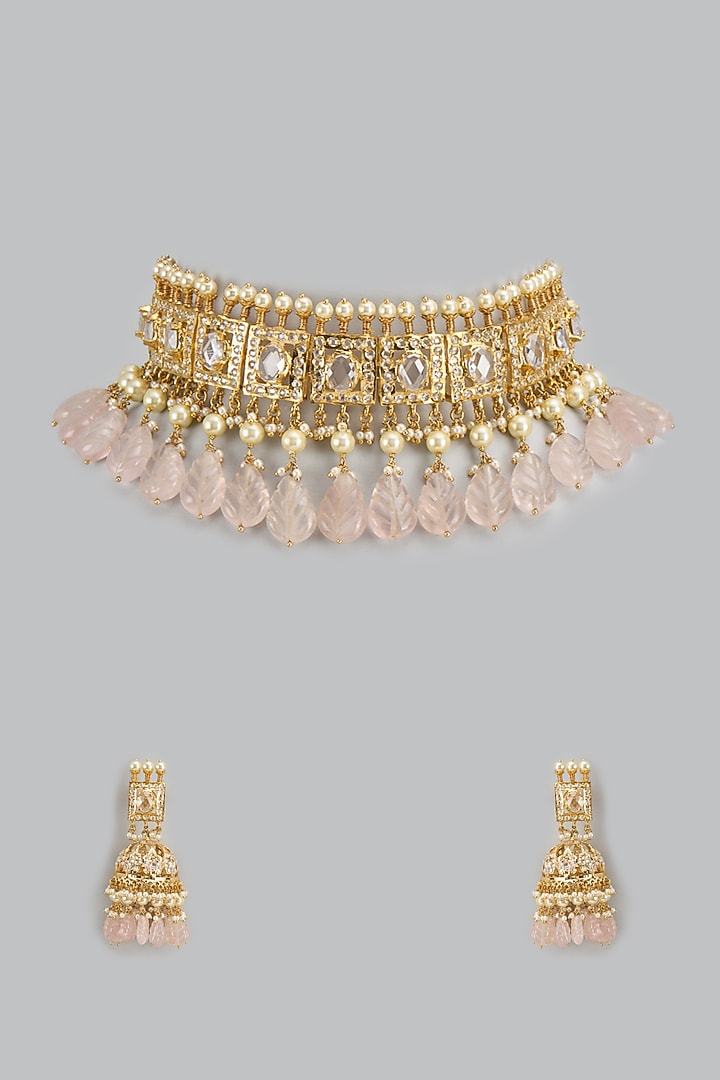 Gold Plated Kundan Polki & Pearl Choker Necklace Set by Kiara at Pernia's Pop Up Shop