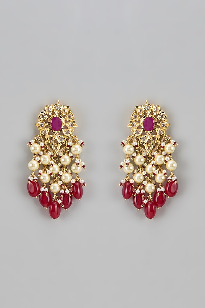 Gold Plated Kundan Polki & Pearl Dangler Earrings by Kiara