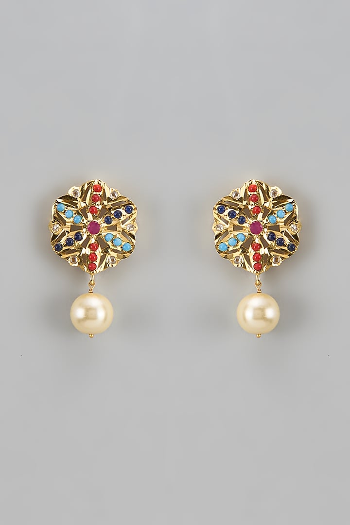 Gold Plated Kundan Polki & Navratna Stud Earrings by Kiara