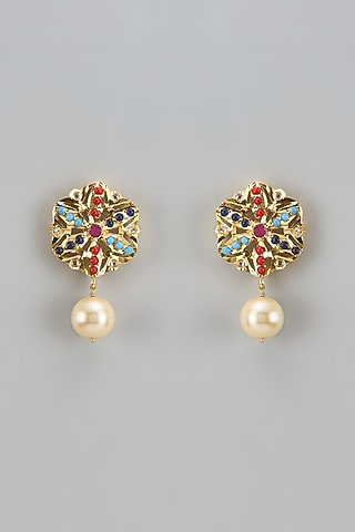 Gold Plated Kundan Polki & Navratna Stud Earrings by Kiara