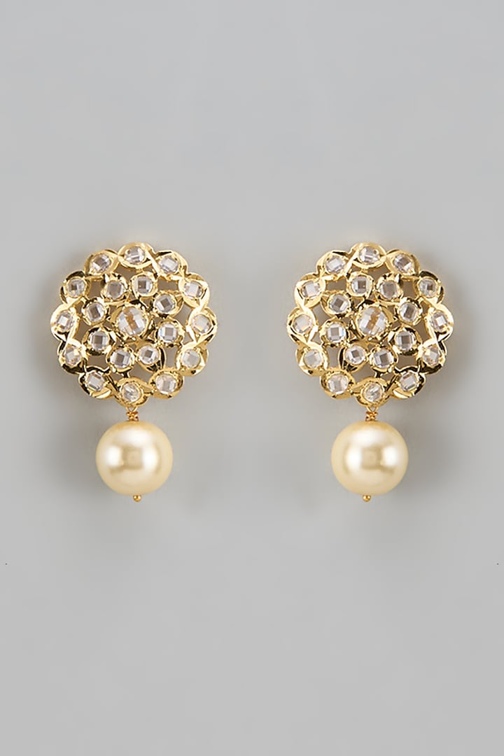 Gold Plated Kundan Polki & Pearl Stud Earrings by Kiara