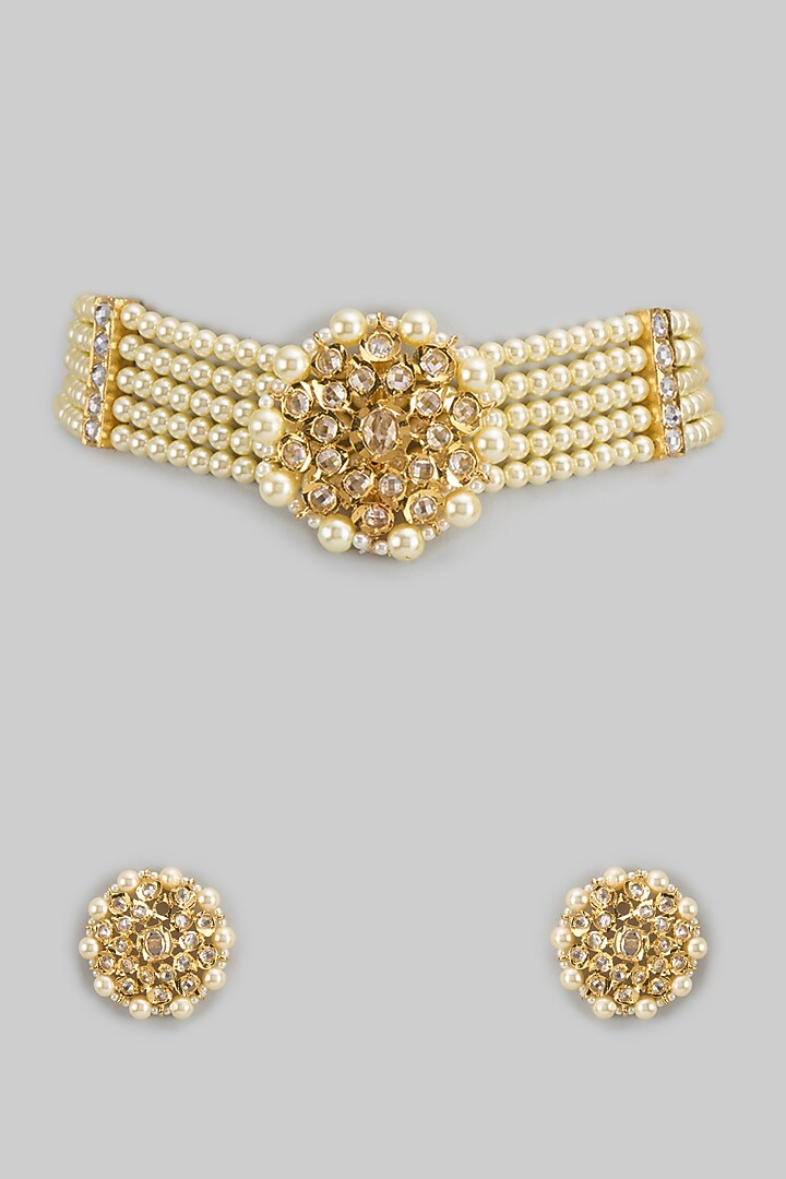Gold Plated Kundan Polki & Pearl Choker Necklace Set by Kiara at Pernia's Pop Up Shop
