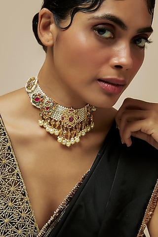 Gold Plated Kundan Polki & Navratna Choker Necklace by Kiara