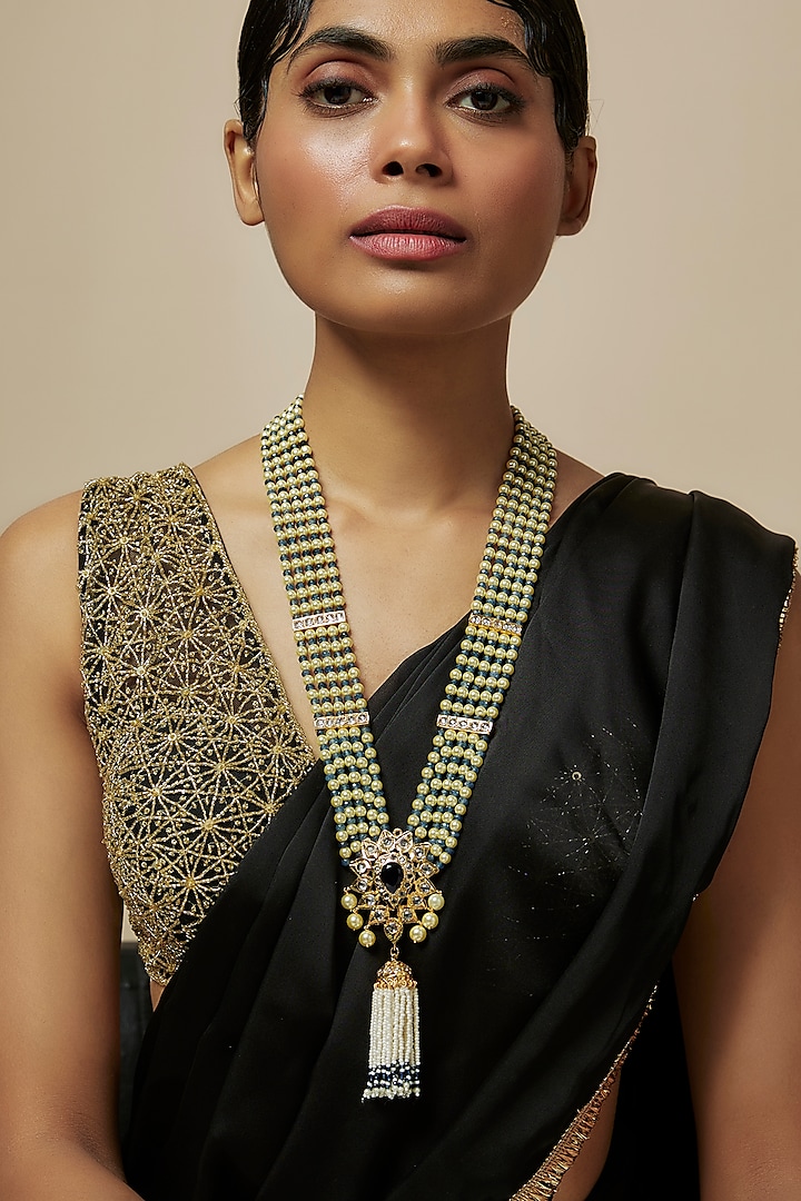 Gold Plated Kundan Polki & Pearl Necklace by Kiara