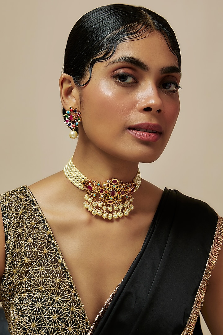 Gold Plated Kundan Polki & Navratna Choker Necklace Set by Kiara