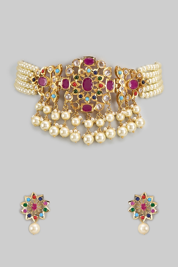 Gold Plated Kundan Polki & Navratna Choker Necklace Set by Kiara at Pernia's Pop Up Shop