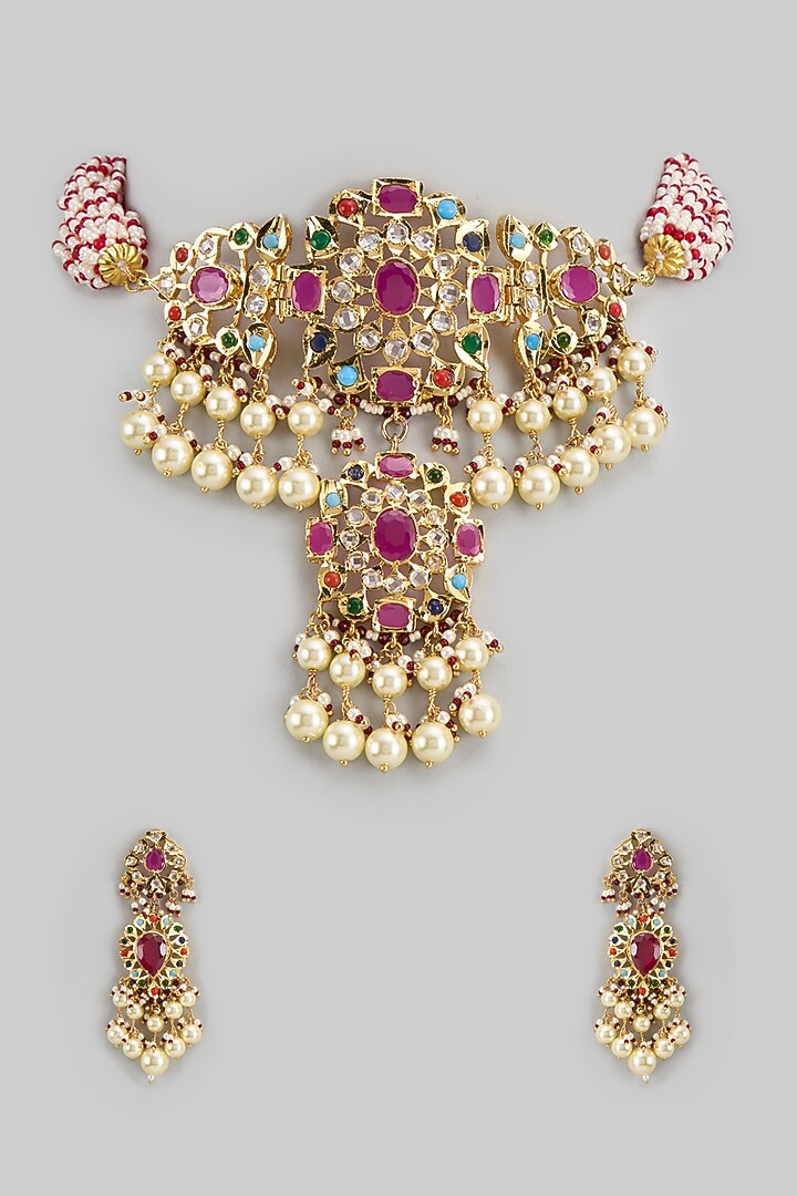 Gold Plated Kundan Polki & Navratna Choker Necklace Set by Kiara at Pernia's Pop Up Shop