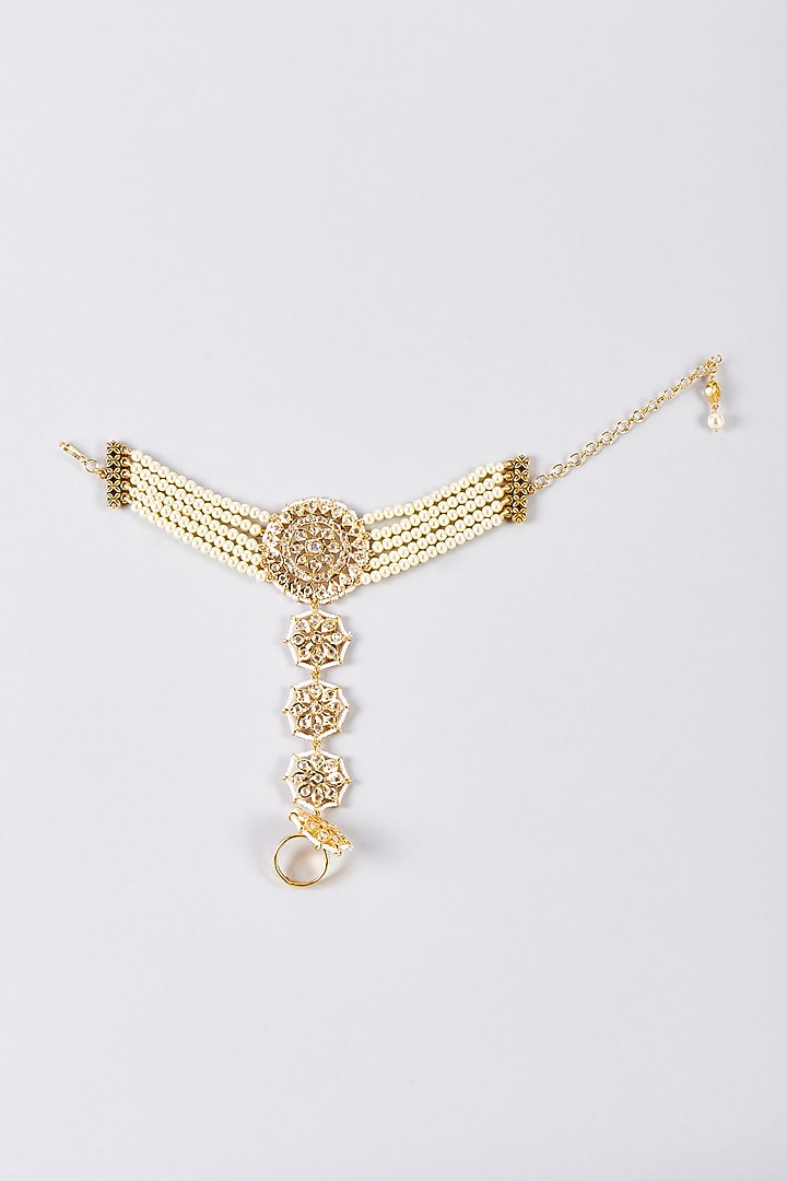 Gold Plated Kundan Polki & Pearl Hathphools (Set Of 2) by Kiara at Pernia's Pop Up Shop