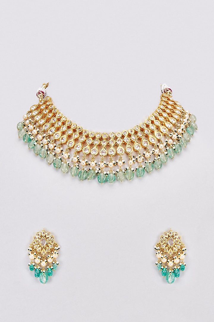 Gold Plated Kundan Polki & Green Bead Choker Necklace Set by Kiara at Pernia's Pop Up Shop