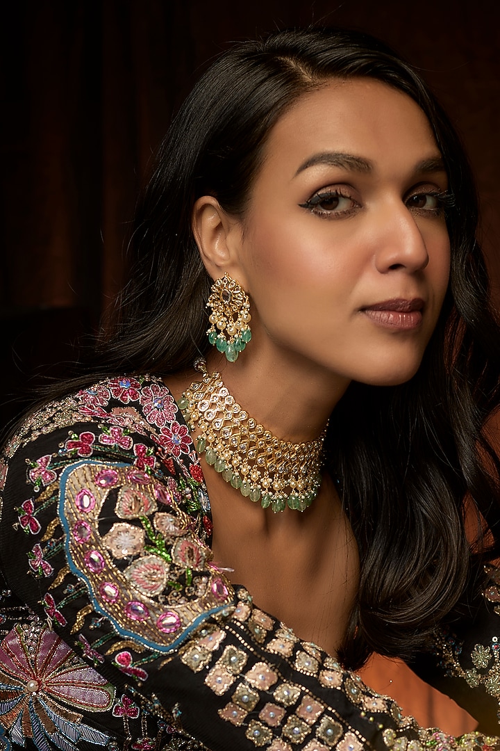 Gold Plated Kundan Polki & Green Bead Choker Necklace Set by Kiara at Pernia's Pop Up Shop