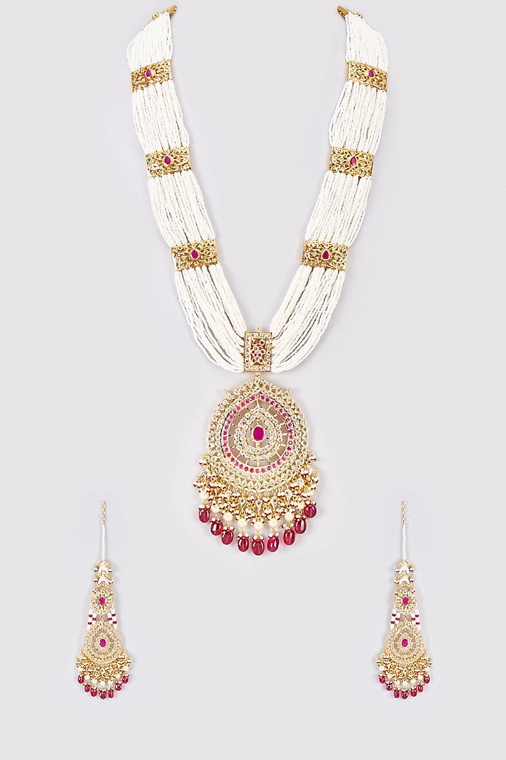 Gold Plated Kundan Polki & Red Onyx Long Necklace Set by Kiara at Pernia's Pop Up Shop