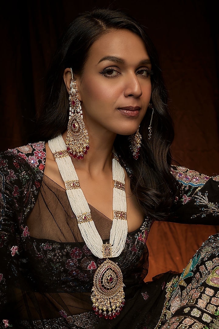 Gold Plated Kundan Polki & Red Onyx Long Necklace Set by Kiara at Pernia's Pop Up Shop