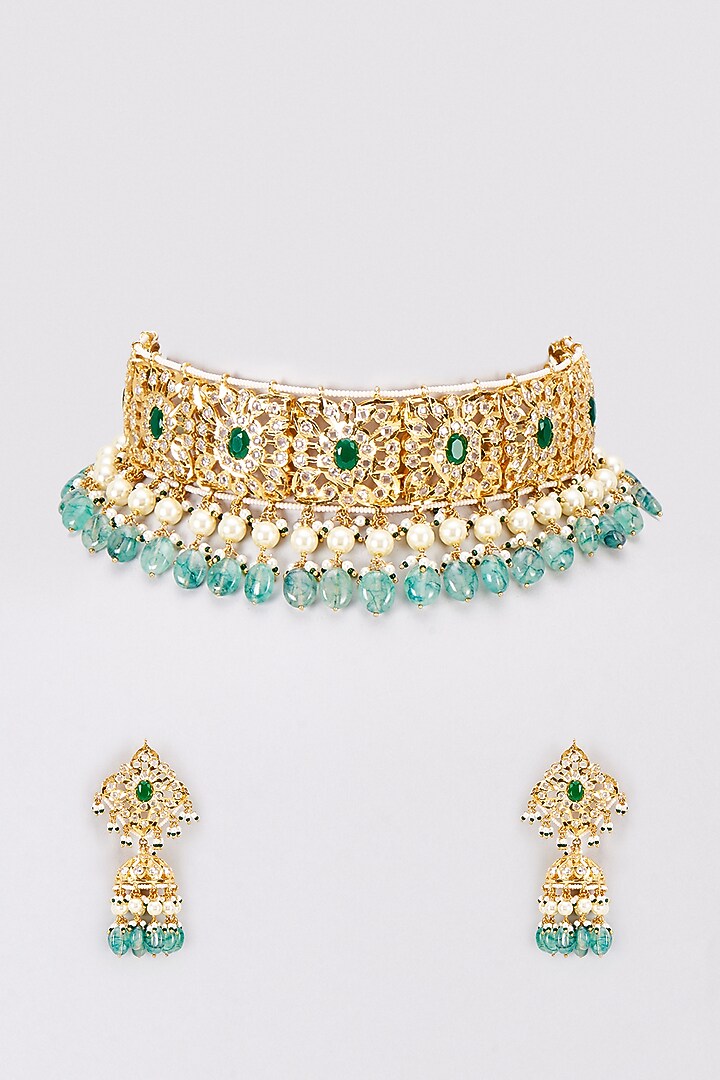 Gold Plated Kundan Polki & Green Bead Choker Necklace Set by Kiara at Pernia's Pop Up Shop