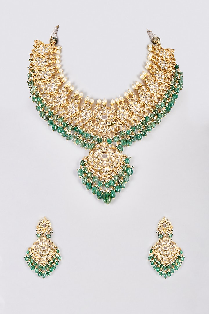 Gold Plated Kundan Polki & Green Bead Choker Necklace Set by Kiara at Pernia's Pop Up Shop