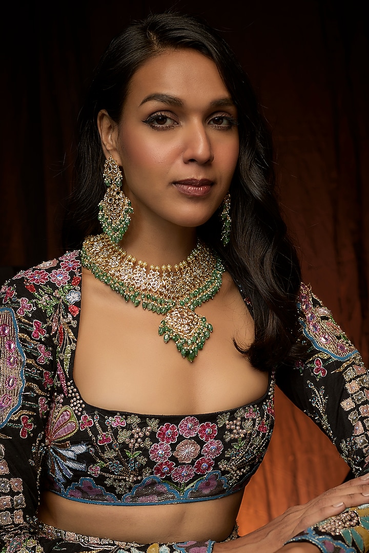Gold Plated Kundan Polki & Green Bead Choker Necklace Set by Kiara at Pernia's Pop Up Shop