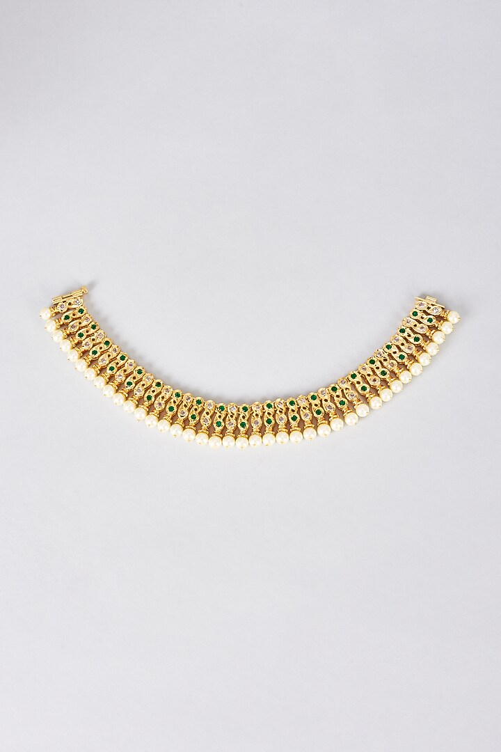 Gold Plated Kundan Polki & Green Onyx Anklets (Set Of 2) by Kiara at Pernia's Pop Up Shop