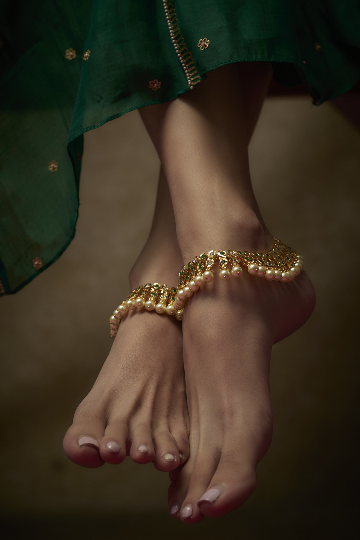 Gold Plated Kundan Polki & Green Onyx Anklets (Set Of 2) by Kiara at Pernia's Pop Up Shop