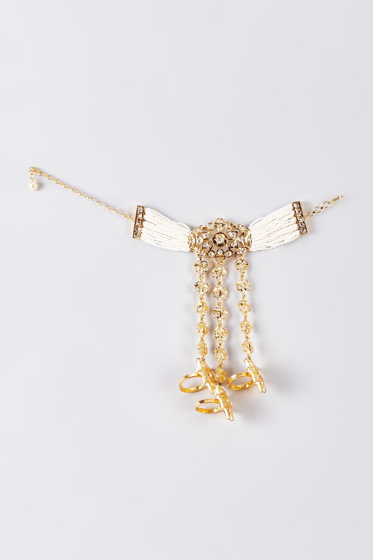 Gold Plated Kundan Polki & Pearl Hathphools (Set Of 2) by Kiara at Pernia's Pop Up Shop
