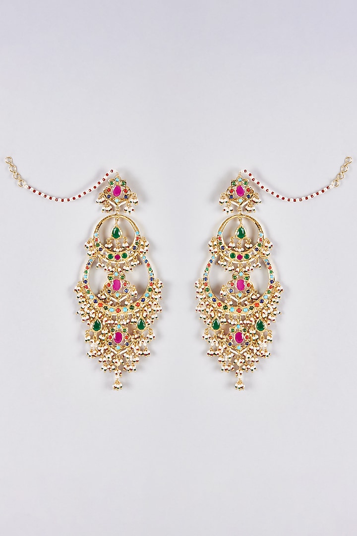 Gold Plated Kundan Polki & Navratna Stone Chandbali Earrings by Kiara at Pernia's Pop Up Shop