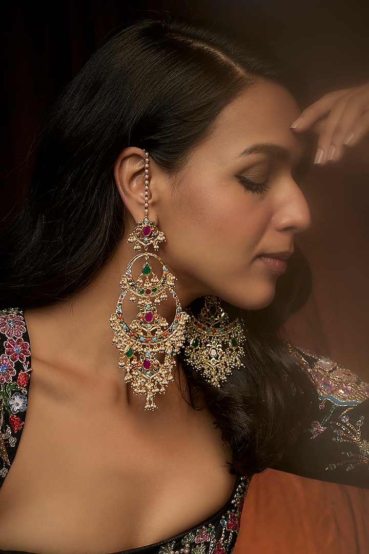 Gold Plated Kundan Polki & Navratna Stone Chandbali Earrings by Kiara at Pernia's Pop Up Shop