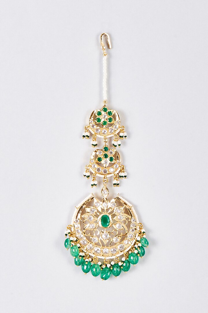 Gold Plated Kundan Polki & Green Onyx Maangtikka by Kiara at Pernia's Pop Up Shop