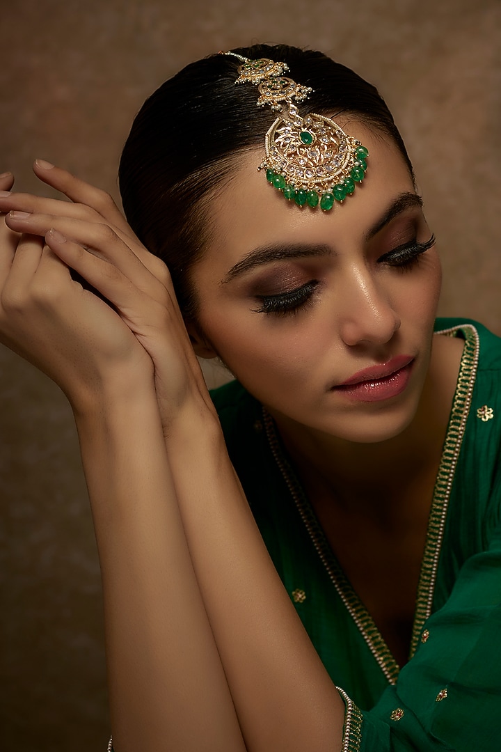 Gold Plated Kundan Polki & Green Onyx Maangtikka by Kiara at Pernia's Pop Up Shop