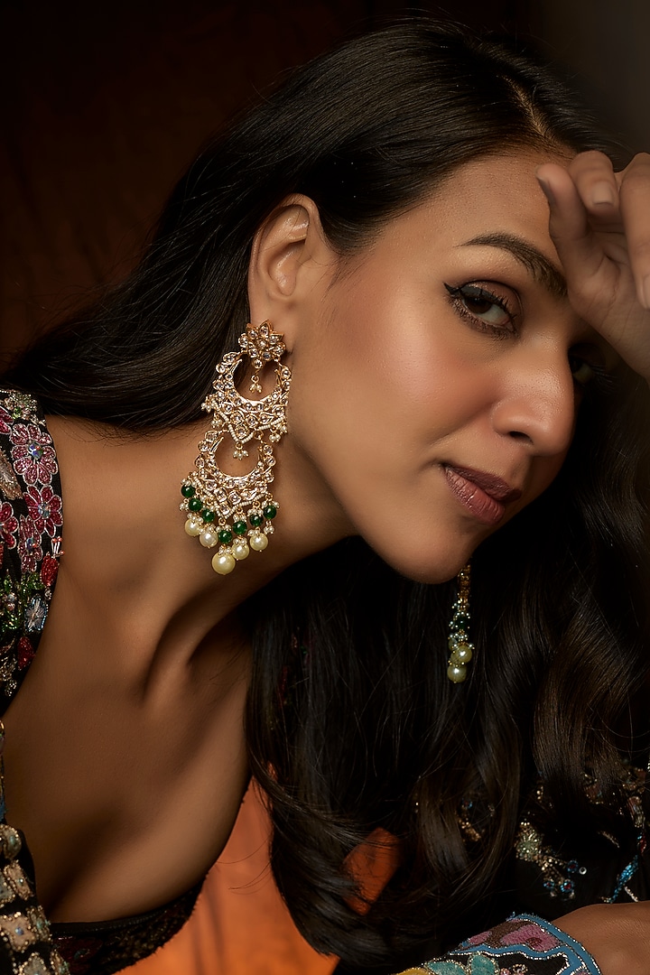Gold Plated Kundan Polki & Green Onyx Chandbali Earrings by Kiara at Pernia's Pop Up Shop