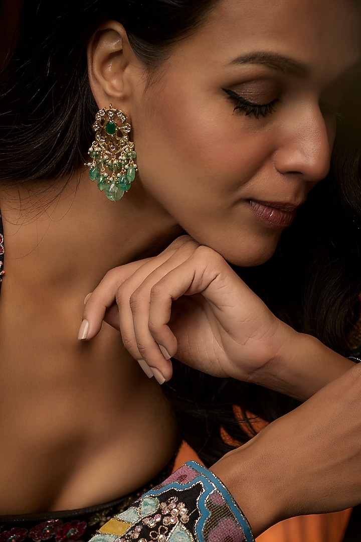 Gold Plated Kundan Polki & Green Onyx Stud Earrings by Kiara at Pernia's Pop Up Shop