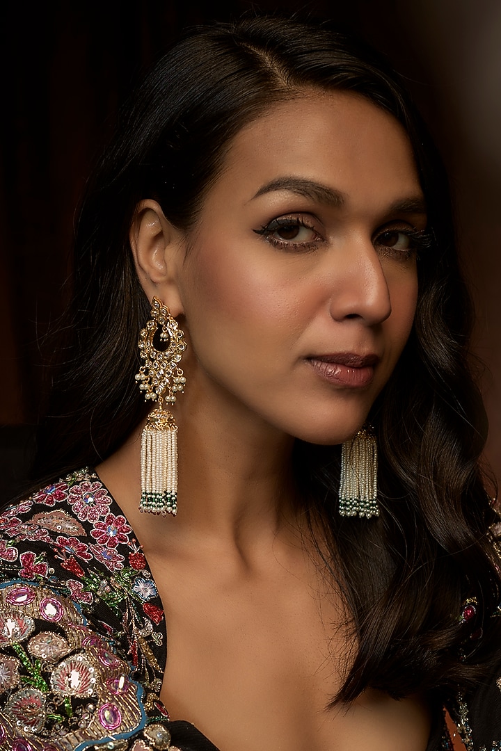 Gold Plated Kundan Polki & Green Onyx Jhumka Earrings by Kiara at Pernia's Pop Up Shop
