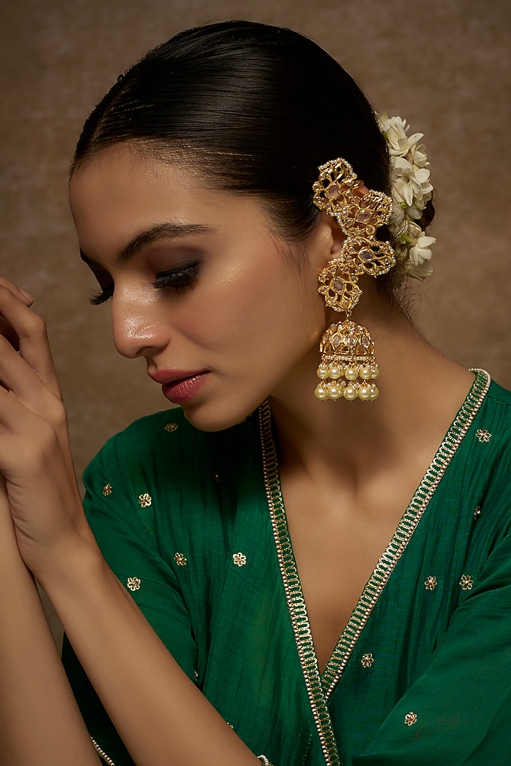 Gold Plated Kundan Polki Jhumka Earrings by Kiara at Pernia's Pop Up Shop