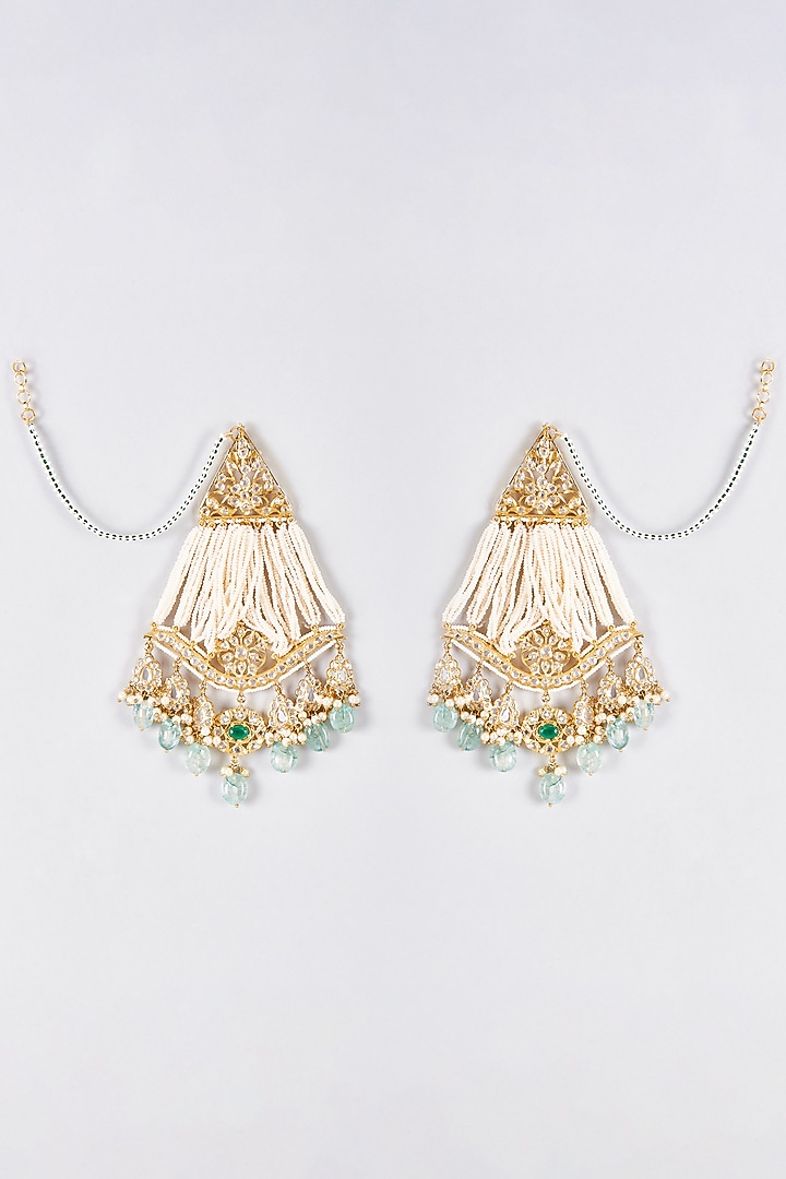 Gold Plated Kundan Polki & Green Onyx Chandbali Earrings by Kiara at Pernia's Pop Up Shop