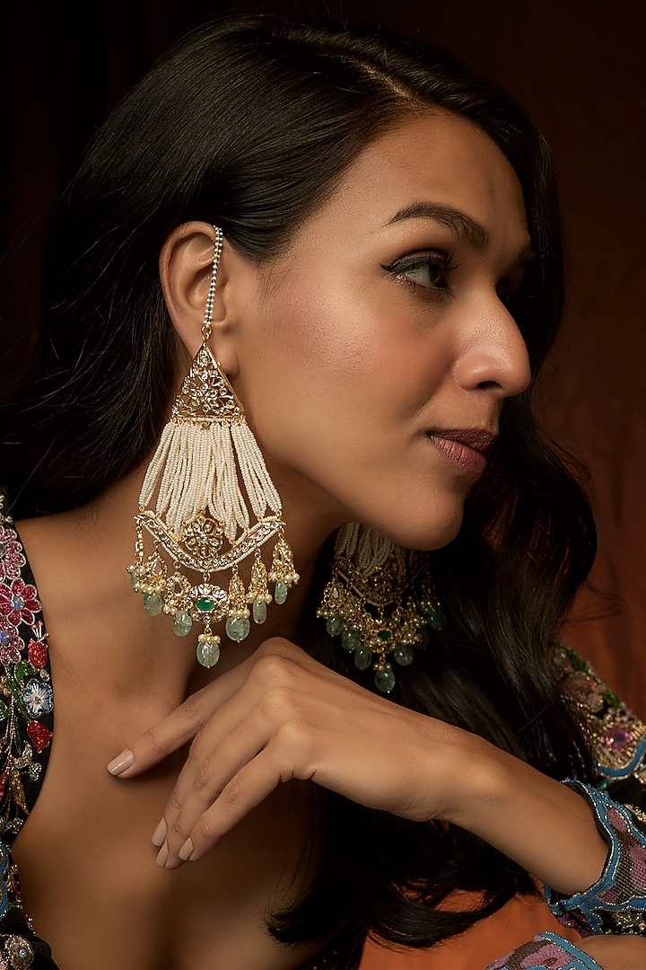 Gold Plated Kundan Polki & Green Onyx Chandbali Earrings by Kiara at Pernia's Pop Up Shop