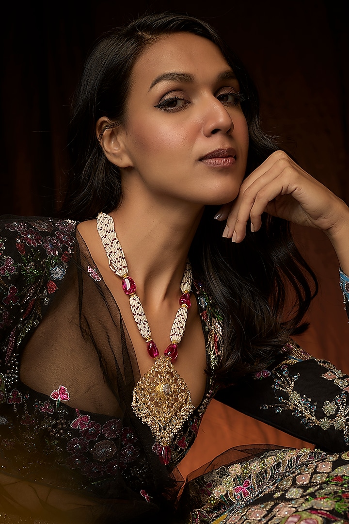 Gold Plated Kundan Polki & Onyx Long Necklace by Kiara at Pernia's Pop Up Shop