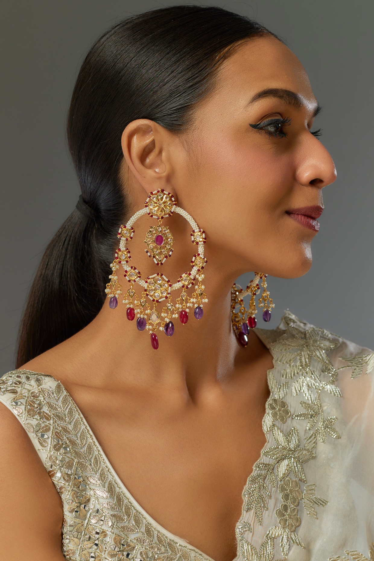 Antique Gold Finish popular Kundan Chandbali Earrings for Statement Personalities, Designer Kundan Earrings for Indian Womens