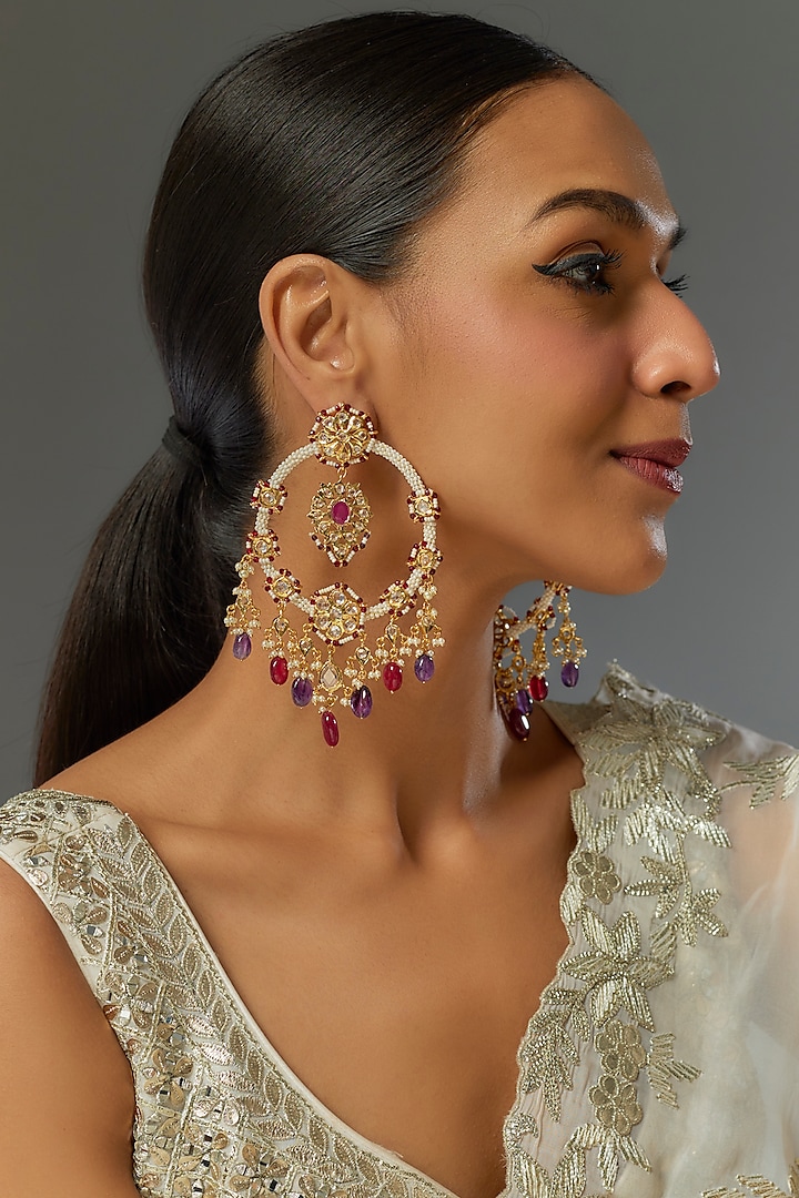 Gold Plated Kundan Polki & Pearl Chandbali Earrings by Kiara at Pernia's Pop Up Shop