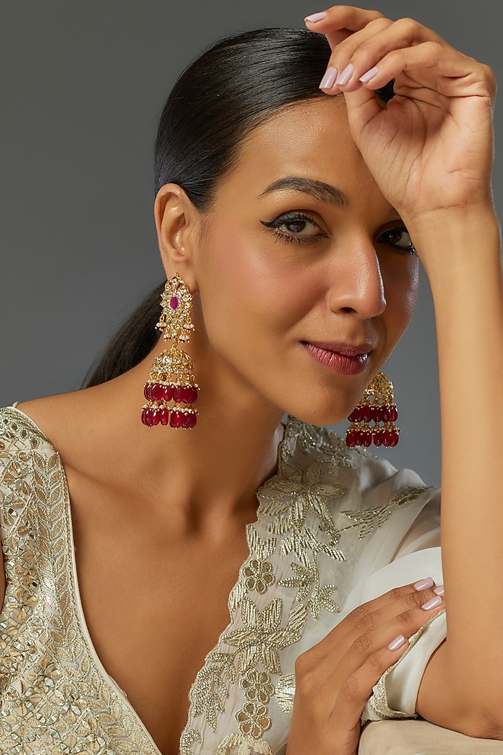 Gold Plated Kundan Polki & Red Onyx Jhumka Earrings by Kiara at Pernia's Pop Up Shop
