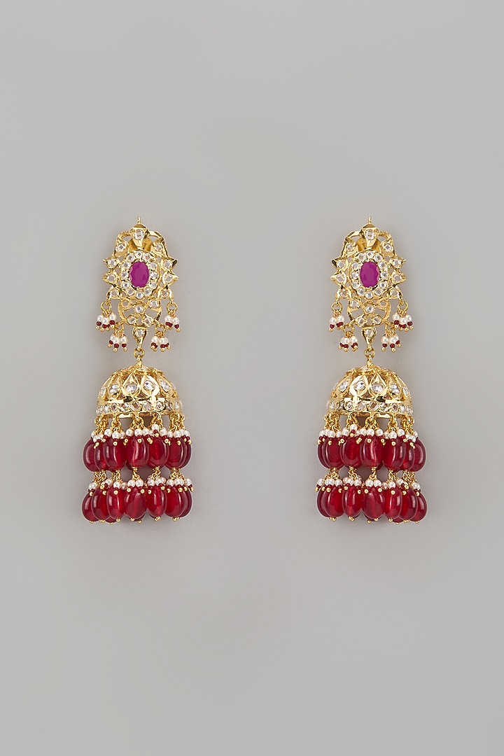 Gold Plated Kundan Polki & Red Onyx Jhumka Earrings by Kiara at Pernia's Pop Up Shop