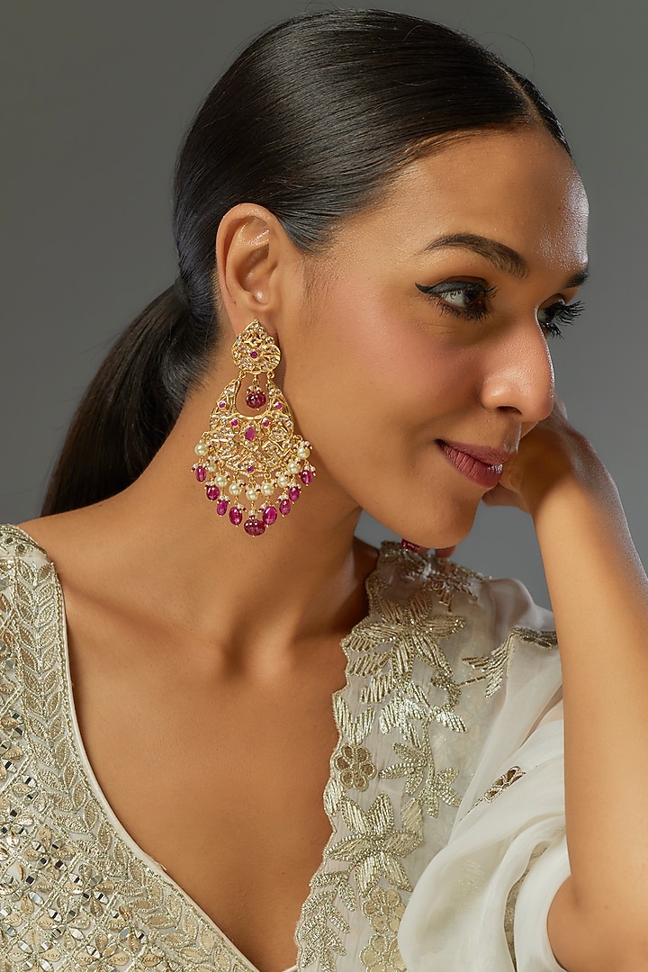 Gold Plated Kundan Polki & Red Carved Onyx Chandbali Earrings by Kiara at Pernia's Pop Up Shop