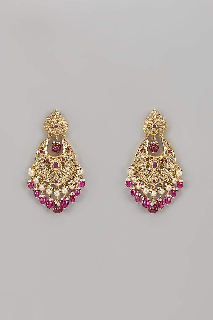 Gold Plated Kundan Polki & Red Carved Onyx Chandbali Earrings by Kiara at Pernia's Pop Up Shop