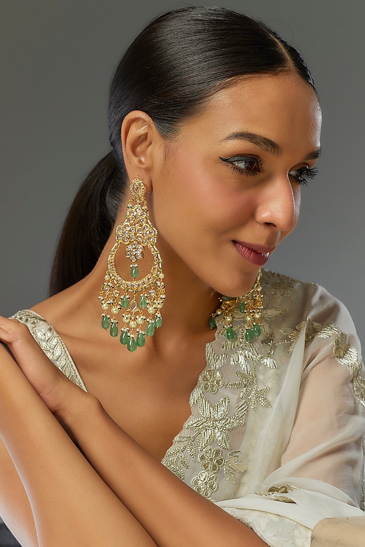 Gold Plated Kundan Polki & Green Onyx Chandbali Earrings by Kiara at Pernia's Pop Up Shop