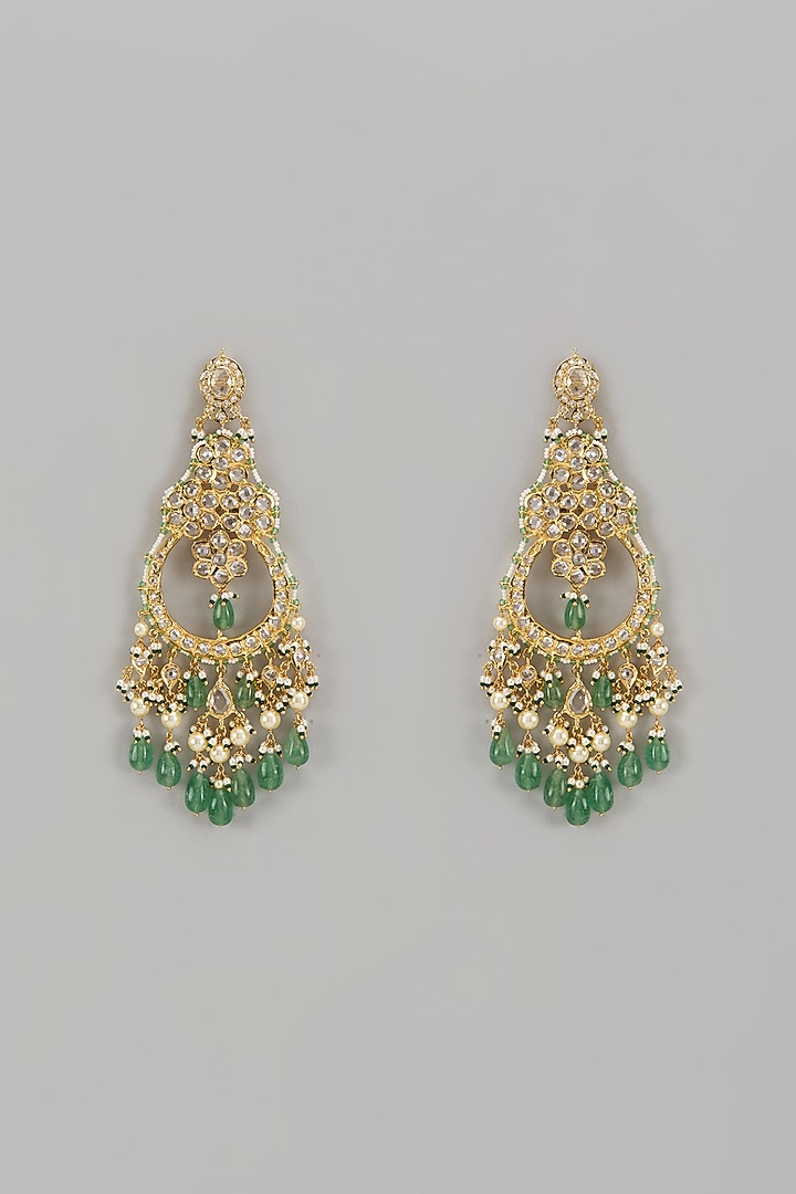 Gold Plated Kundan Polki & Green Onyx Chandbali Earrings by Kiara at Pernia's Pop Up Shop