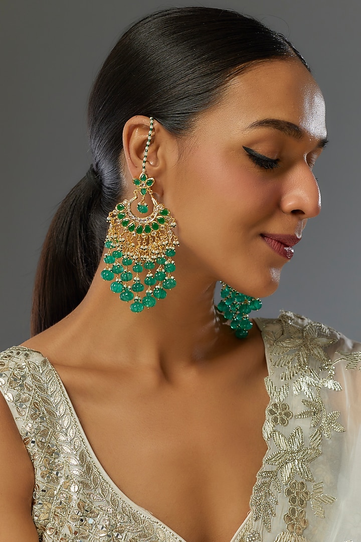 Gold Plated Kundan Polki & Green Carved Onyx Chandbali Earrings by Kiara at Pernia's Pop Up Shop